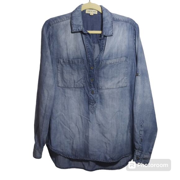 Cloth & Stone Anthropologie Chambray Denim Pop Over Top Roll Tab Sleeve Size Xs - Picture 2 of 8